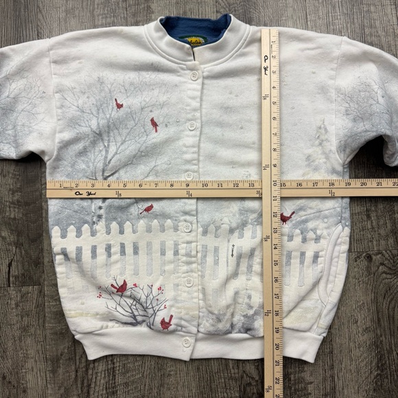 Vtg Winter Scenery Snow Cardinal Bird All Over Print Button Grandma Sweatshirt - Picture 3 of 7